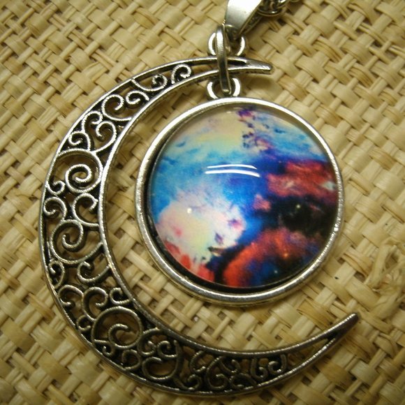 Crescent Moon with Nebula Cabochon Dangle Necklace - Picture 7 of 14